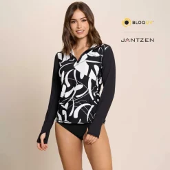 BOTANICAL DOMINO RELAXED MOCK NECK ZIP TOP