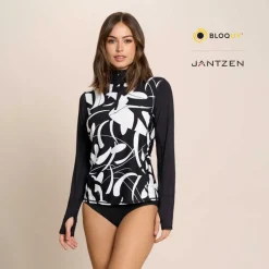BOTANICAL DOMINO RELAXED MOCK NECK ZIP TOP