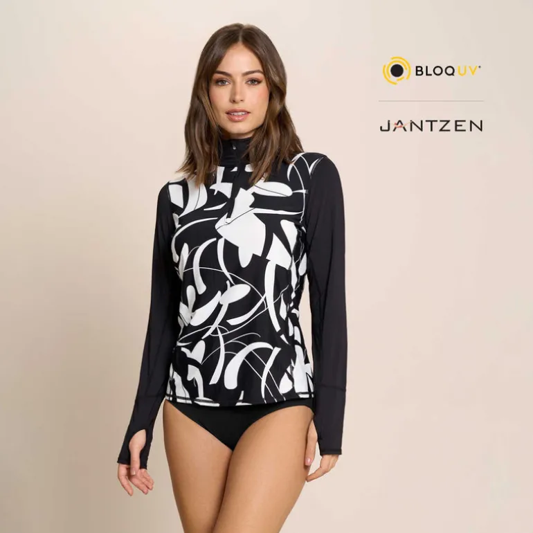 BOTANICAL DOMINO RELAXED MOCK NECK ZIP TOP