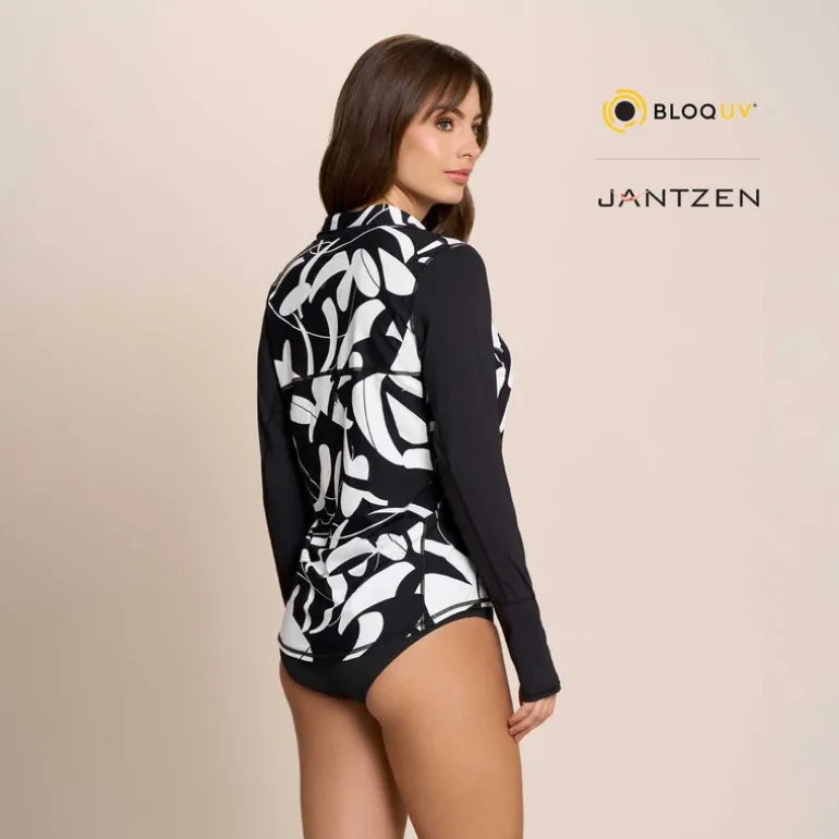 BOTANICAL DOMINO RELAXED MOCK NECK ZIP TOP