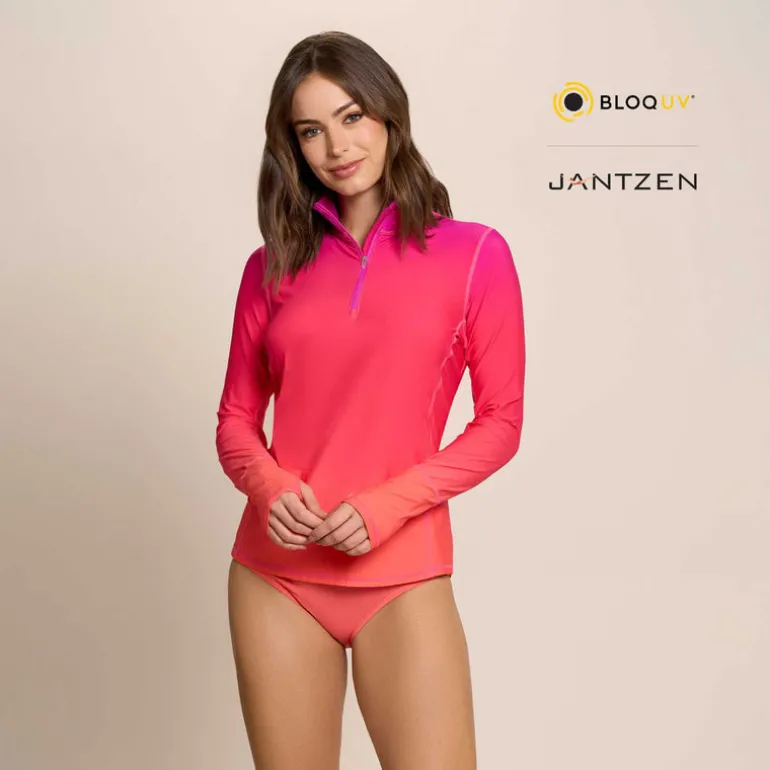 FLOWERS OF THE SUN RELAXED MOCK NECK ZIP TOP