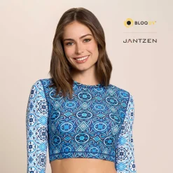MOROCCAN TILES CROPPED SWIM RASH GUARD TEE TOP