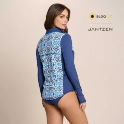 MOROCCAN TILES RELAXED MOCK NECK ZIP TOP
